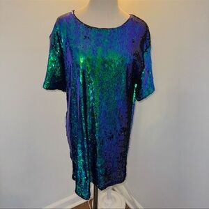 Hot & Delicious Women’s Small Blue Green Iridescent Sequined Oversized Dress